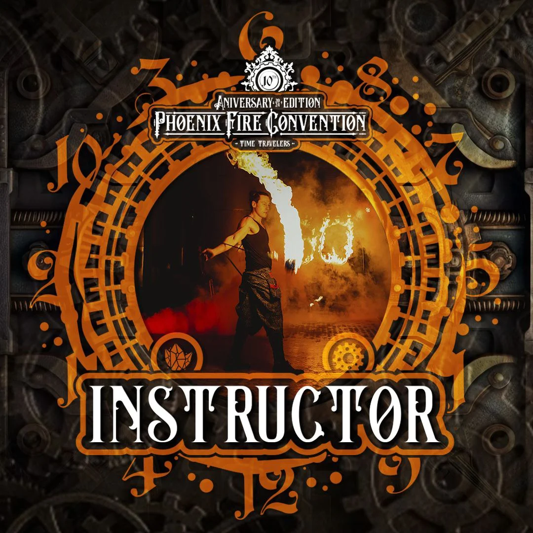 Instructor-Plakat der Phoenix Fire Convention mit orangefarbenem Portal und Feuerkunst